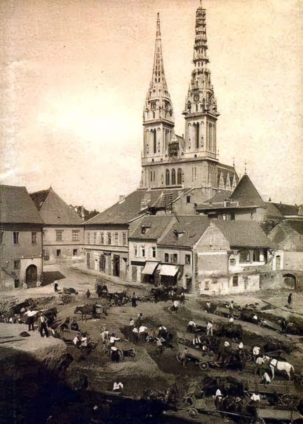 Dolac. Gradilište buduće tržnice 1928. godine, iskop. Pogled prema Katedrali